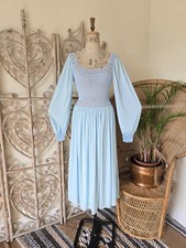 Vintage blue crochet knit prairie 70s midi dress S