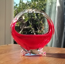 Vintage Red Hand Blown Glass Basket with Handle Murano Style.