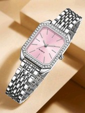 Square Ladies Women Quartz Wrist Watch Watches with Silver Strap Pink Face
