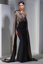 New Stunning Club L ALURA Black & Gold Metallic One Shoulder Cape Maxi Dress 10