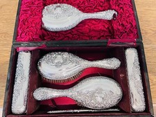 Antique Sterling Silver Walker & Hall Dressing Table Brushes & Mirror Set 1901