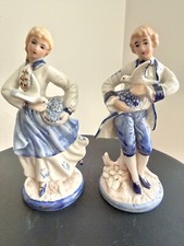 Pair of Blue and White with gold trim  antique porcelain figurines Alfro London