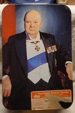 VINTAGE ELKES BISCUITS  EMPTY TIN BOX w SIR WINSTON CHURCHILL NICE WAR SLOGAN 