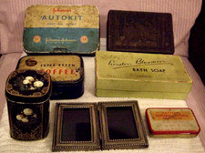 COLLECTIBLE (RARE) VINTAGE TINS/BATH SOAP BOX & A SMALL PICTURE FRAME/ ALL USED