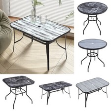 Garden Table Marble Wood Grain Effect Glass Table Dining Table w/ Parasol Hole