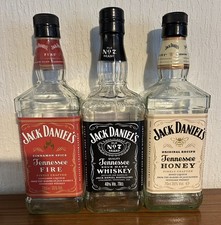 3 x JACK DANIELS JD SQUARE GLASS BOTTLES 70cl Tennessee Fire, Honey & Old No.7 