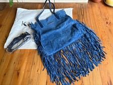 Boho blue suede leather fringe