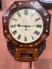 Antique English drop dial Fusee wall clock. Mother of pearl inlay. Circa 1860's