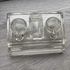 Vintage Double Pen & Inkwell Holder / Desk Organiser -  Heavy Glass Desk Tidy