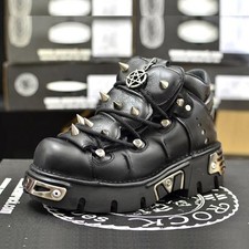 New Rock Unisex Black Leather Boots Rock Goth Emo Stud Low Biker Boots