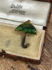 Vintage Enamel Green Umbrella Pendant Copper Tone Metal Novelty Rainy Weather