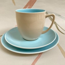 VINTAGE BRANKSOME CHINA BLUE & FAWN TRIO SET CUP SAUCER & SIDE PLATE 1950's