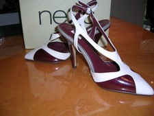 NEXT ART DECO STYLE BURGUNDY & WHITE WOMENS LEATHER SHOES SANDALS SIZE 6.5 BOXED