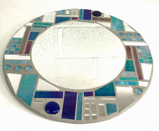 Mosaic Round Bathroom Mirror Handmade Heavy Blue & Silver Pebbles / Glass  16"