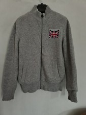 Barbour International Cardi Jacket Pure Wool Bomber Union Jack Grey Full Zip M/S