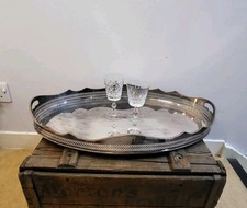 Large Vintage Oval Silver Plate On Copper Galleried Serving Tray, Damage 