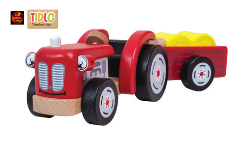 Wooden red tractor and - wooden, trailer