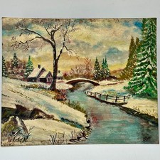 Vintage French Small Amateur Painting Of Traditional Winter Landscape Scene
