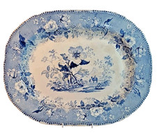 Victorian meat platter Blue & White tranferware 'Botanical Beauties' 1844-1845.