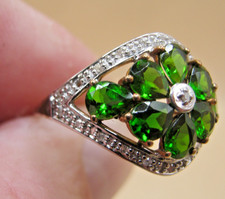 Vintage 9k Rose Gold Russian Chrome Diopside & Diamond Cocktail Ring Size R 1/2