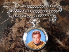 STAR TREK KIRK WITH AUTOGRAPH CHROME POCKET WATCH WITH CHAIN