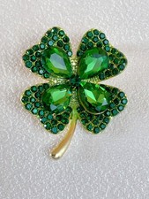 Lucky Shamrock Green Rhinestone Brooch Pin Four Leaf Clover Vintage Xmas Gift UK