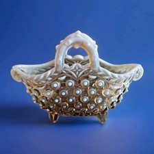 Victorian 1890 Henry Greener & Co Amber Pearline Contessa Glass Basket Posy Vase