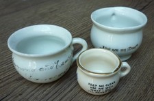 THREE MINIATURE ANTIQUE CHINA POTTY FAIRING CHAMBER POTS 1 WITH EYE AND MOTTO S