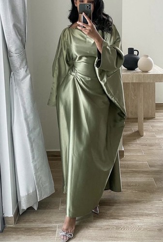 Sage green satin kaftan abaya - sage,