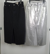 M&S 2Pcs Bundle Size 18L Black Raw Edge & Silver Coated Denim Maxi Skirts NW F2