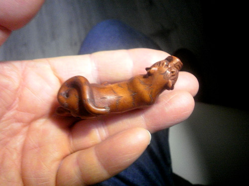 Hand carved wood netsuke tiger - wood,