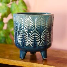 Blue Ceramic Leaf Geometric Plant Pot With Legs 17.5cm Tripod Planter Glazed