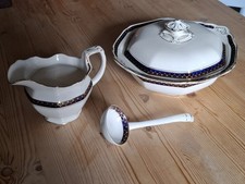 Burleigh Ware serving bowl, ladle, & jug. Blue & gold decoration.  Pattern 1802