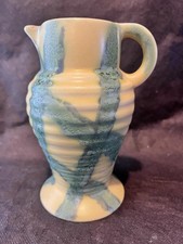 Wadeheath Flaxman Ware jug 131 min yellow green-striped Art Deco (5.5")