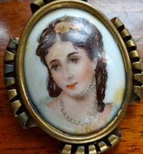 antique art deco signed LIMOGES French lady painted portrait brooch pin -357