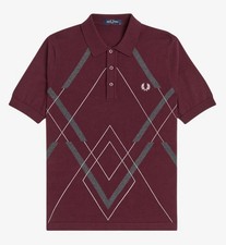 FRED PERRY ABSTRACT ARGYLE KNITTED SHIRT - MAHOGANY - Medium