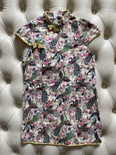 Chinese Qipao Dress Costume Girls 3-5 Years Gold Peacock Print Halloween Party