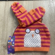 M&S Knitted orange and pink striped Owl Hat & Mittens Set Age 6-8 years BNWT