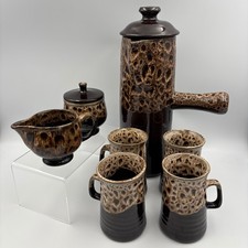 Vintage Brown Drip Glazed Coffee Pot Mugs Jug And Sugar Pot w/ Lid Honeycomb
