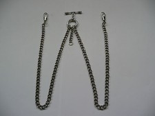 unusual double albert silver plated  pocket watch chain fob t bar 