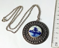 Vtg Delft Ceramic Dutch Windmill & Silver Tone Pendant Necklace B263
