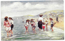 Tuck's Artist Drawn Fun on the Beach Postcard Holiday Time - Women and Children