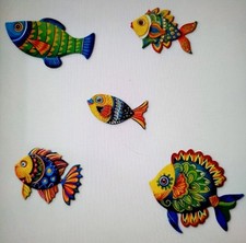 5 FISH Colourful SWIMMING 2D Vintage Ethnic Wooden WALL HANGING Decor Sweet