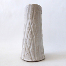 Handmade white art pottery vase. Wheel thrown & incised. Vintage studio/artisan