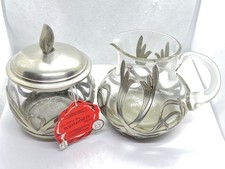 Vintage Les Etains des Potstainiers Glass & Pewter Creamer & Lidded Sugar Bowl
