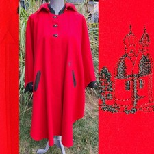 VTG 1970s Salzburg Austria Loden Wool Cape – Red Hooded Cloak Embroidery Size 38