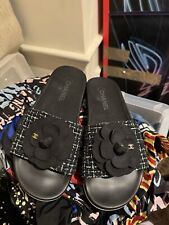 Chanel Sliders Tweed Camellia Sandals UK6/39