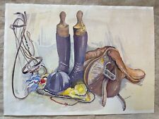 Vintage Original English Horse Riding Tack & Medals Watercolour Painting.