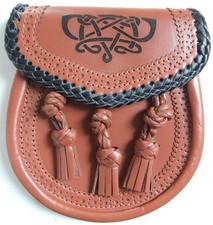 RARE LEATHER SPORRAN, HAND-MADE IN SCOTLAND, 2-TONE LEATHER +TASSLES -GOOD, USED