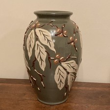 Brannam Royal Barum Ware Green Winter Berries Vase 24cms damaged a/f